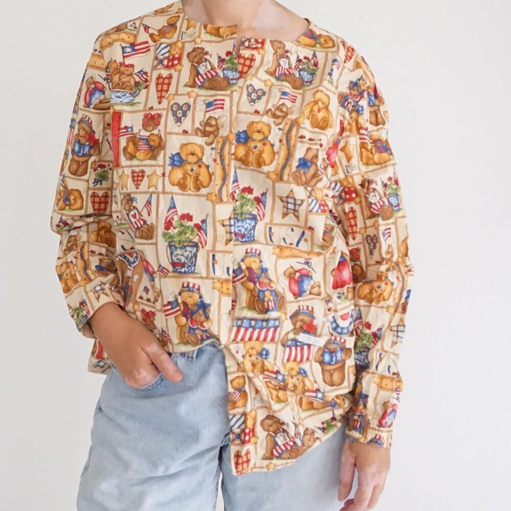 Vintage Cherokee Cream Cotton Teddy Bear Print Whimsical Long Sleeve Top M
